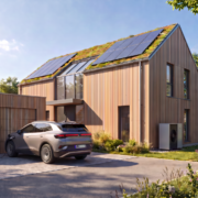 Elektroauto, ladend an einer Wallbox vor den Garagen vor einem energieeffizienten Einfamilienhaus mit Wärmepumpe. (KI-generiert)