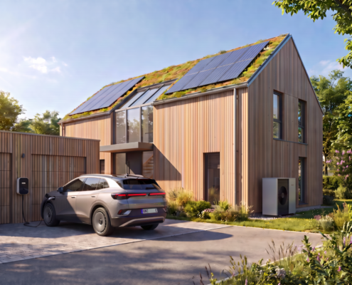 Elektroauto, ladend an einer Wallbox vor den Garagen vor einem energieeffizienten Einfamilienhaus mit Wärmepumpe. (KI-generiert)